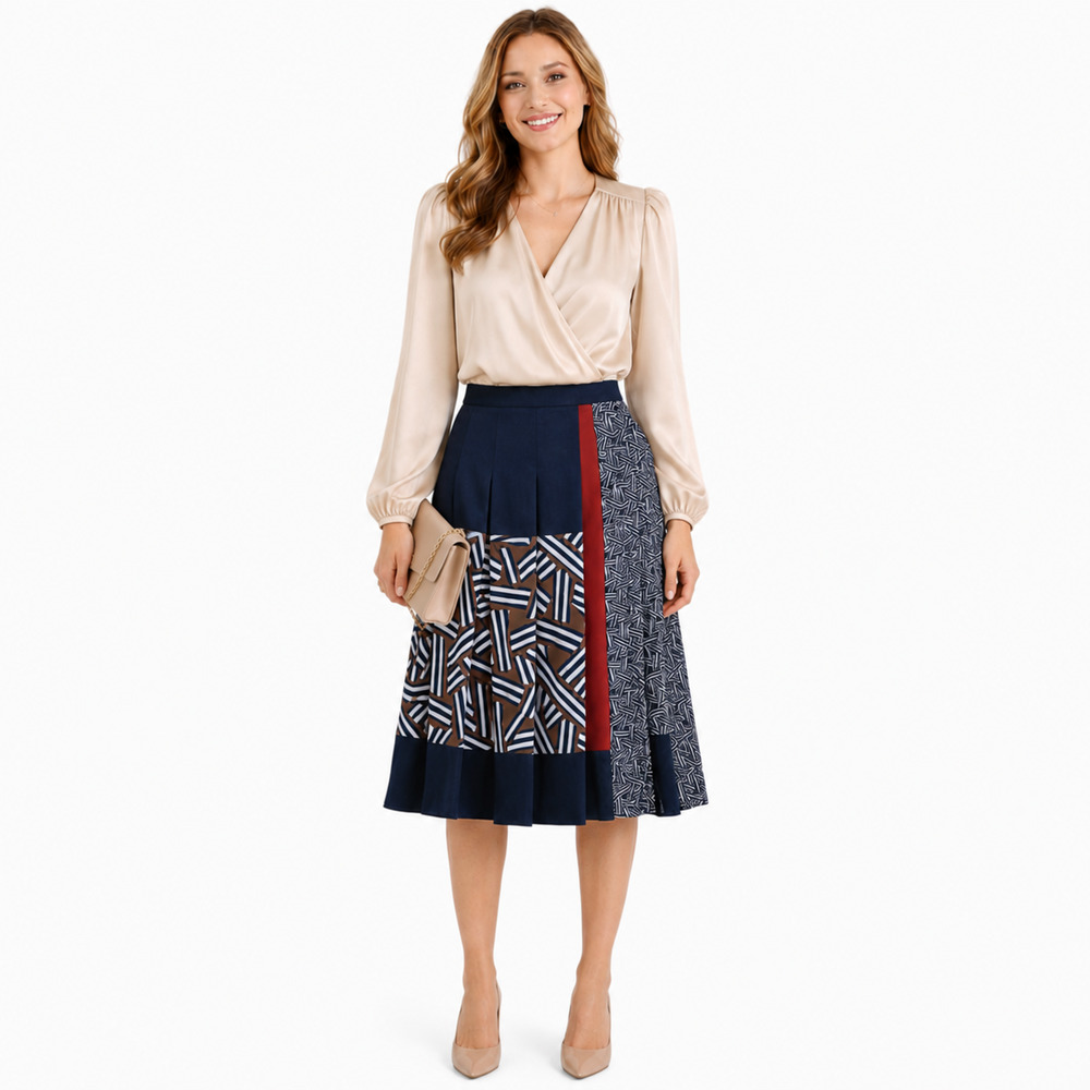 Diane von Furstenberg Womens CiCi Pleated Midi Skirt Size 4 Blue Old Money Chic